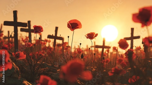 War graves with poppy flowers bloom in a field bathed in the warm glow of the setting sun