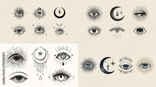Mystical hand-drawn eyes, crescent moons, and symbolic elements in black ink style, great for tarot, astrology, spiritual art, and metaphysical branding visuals.

