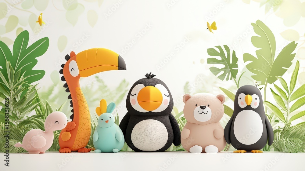Fototapeta premium Charming 3D nursery clip art of jungle animals and a bright-billed toucan, with round, calm shapes and soft coloring on white