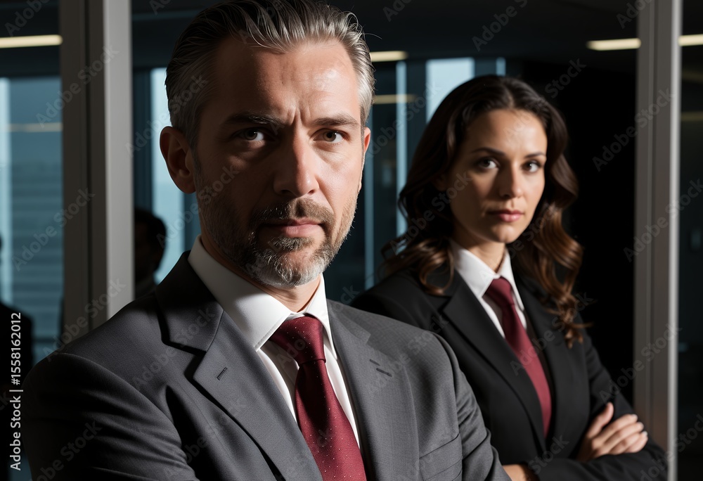 A confident man and woman in business attire stand together indoors with blurred figures in the background A confident man and woman in business attire stand together indoors with blurred figures in the background