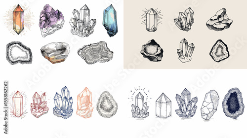 Various crystal gems and geodes in hand-drawn and watercolor styles, great for metaphysical designs, tarot cards, jewelry art, and mineral illustrations.

