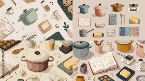 Warm-toned vintage cooking tools, pots, and ingredients in hand-drawn style, perfect for recipe illustrations, culinary branding, or kitchen-themed printables.

