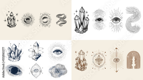Mystical hand-drawn illustrations of crystals, eyes, and abstract symbols, perfect for spiritual themes, tarot art, witchy design, and esoteric branding elements.


