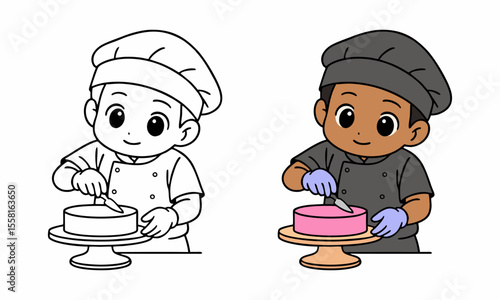 chef baking and decorating cake coloring page for kids