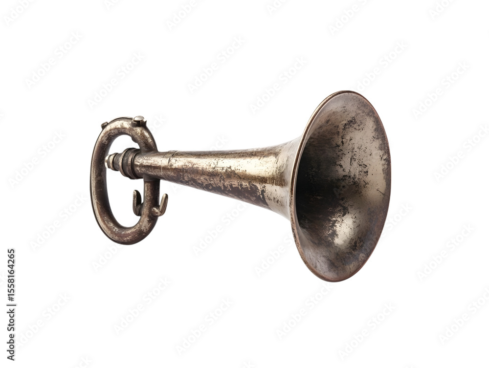 Obraz premium Antique brass hunting bugle with loop and hooks isolated on transparent background