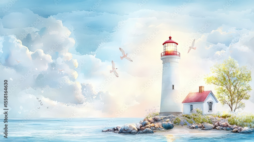Elegant watercolor of a lighthouse on the coast, built to guide ships safely through the sea, glowing with soft color harmony and peaceful light Elegant watercolor of a lighthouse on the coast, built to guide ships safely through the sea, glowing with soft color harmony and peaceful light