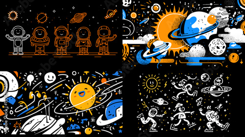 Playful outer space comic-style illustrations featuring astronauts, planets, stars, and cosmic adventures in bold graphic colors. Ideal for kids, sci-fi, or educational designs.

