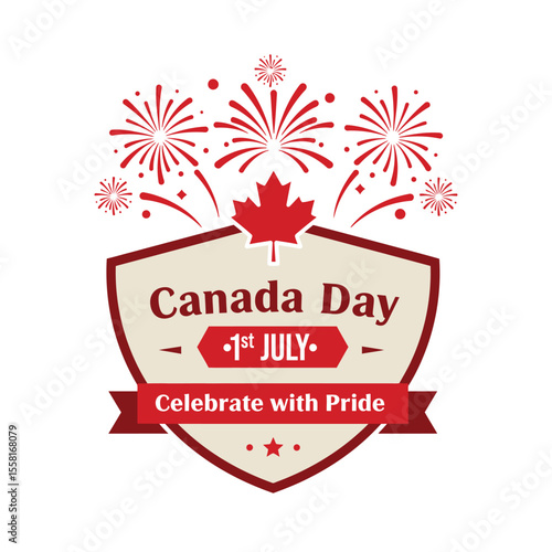 Canada Day Celebration Badge with Maple Leaf and Fireworks