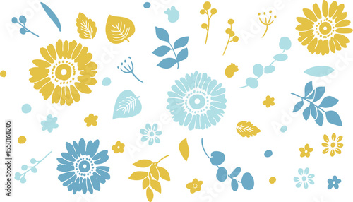 手描きのひまわりベクターイラスト。向日葵と草木の夏の背景素材。ひまわりの夏フレームセット。Hand drawn sunflower vector illustration. Sunflower and grass summer backgrounds. Sunflowers summer frameset.