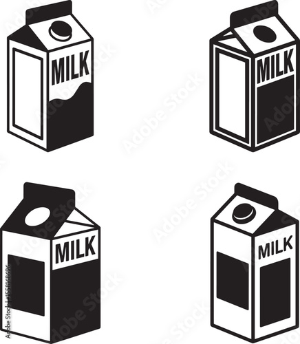 Set of four black and white isometric milk carton icons with the word milk