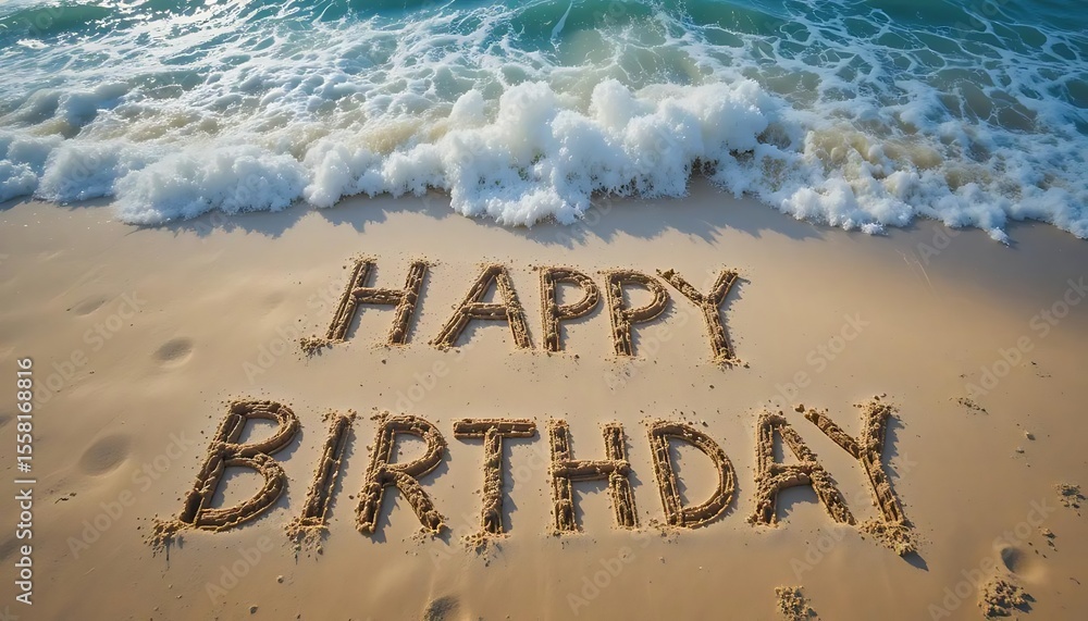 Fototapeta premium Happy Birthday written in the sand beach with ocean wave and tropical beach background. top view