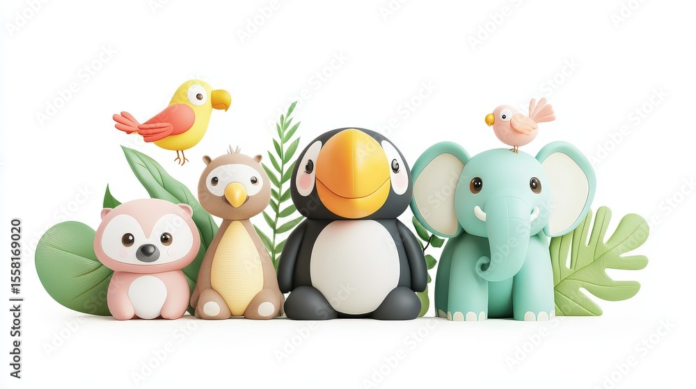 Fototapeta premium Peaceful 3D illustration of a baby toucan with jungle friends--sloth, parrot, and elephant--styled in gentle nursery tones on a white background