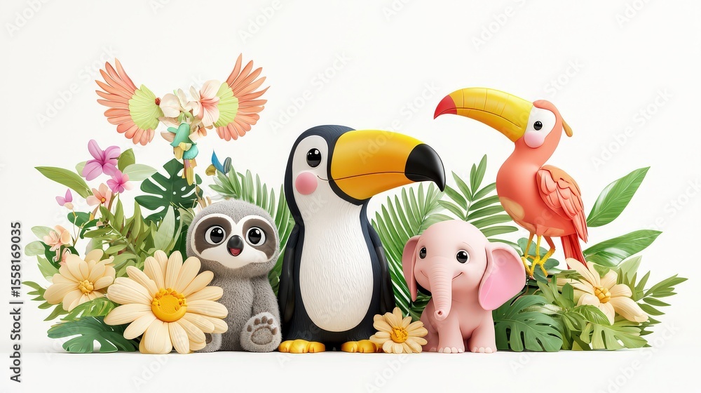 Fototapeta premium Peaceful 3D illustration of a baby toucan with jungle friends--sloth, parrot, and elephant--styled in gentle nursery tones on a white background