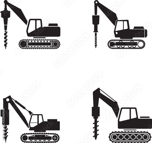 Set of four black silhouette icons of excavators with augers for drilling on white background