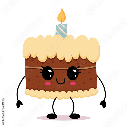 Cute kawaii cake slice with eyes and candle