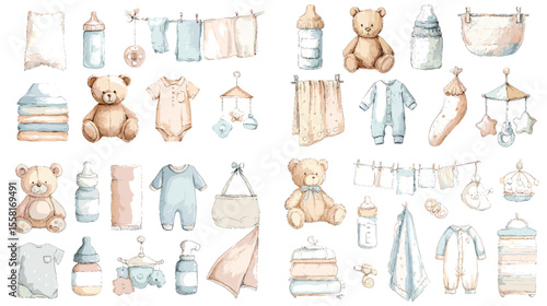 Adorable watercolor baby essentials collection including toys, clothes, bottles, and blankets in soft tones. Ideal for baby shower invites, nursery decor, or journals.

