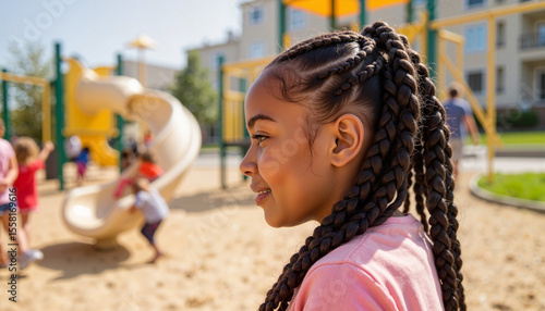Young girl smiling at urban playground, joyful childhood moments