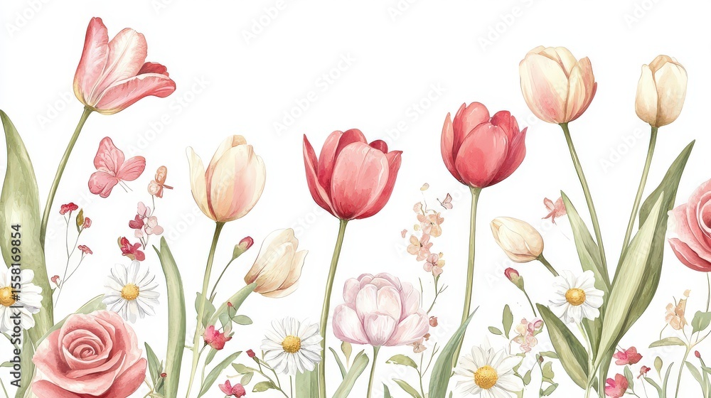 Fototapeta premium Romantic Valentines Day card design showcasing a dreamy watercolor garden of tulips, roses, and daisies, painted in muted soft colors for an elegant and hefelt feel