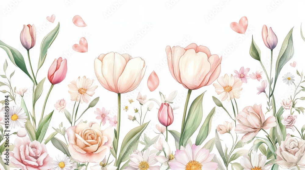Fototapeta premium Romantic Valentines Day card design showcasing a dreamy watercolor garden of tulips, roses, and daisies, painted in muted soft colors for an elegant and hefelt feel