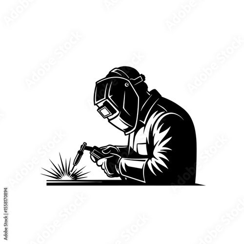 Welding Logo, Classic Welder at Work Logo, Side Profile Silhouette With Visible Torch and Mask, Strong Outlines