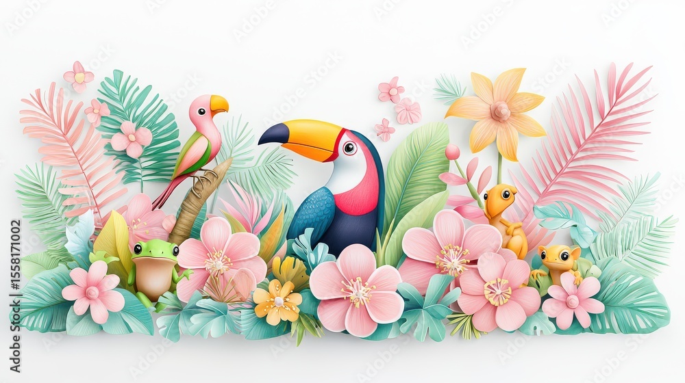 Fototapeta premium Soft pastel 3D jungle animals in an Amazon setting including a toucan, tree frog, and cubs, drawn with gentle contours on clean white