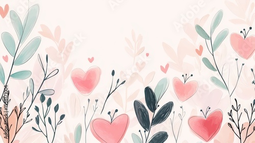 Soft pastel Valentine's Day background filled with hand-drawn floral he patterns, elegant line  style on a light blush backdrop