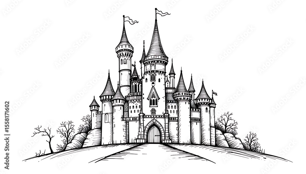Obraz premium Vector hand drawn fairytale castle outline doodle icon