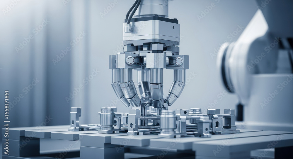 Advanced robotic arm with precise multi fingered gripper assembling metal components in modern automated manufacturing facility, demonstrating innovative industrial automation technology Advanced robotic arm with precise multi fingered gripper assembling metal components in modern automated manufacturing facility, demonstrating innovative industrial automation technology