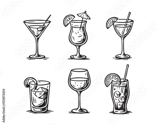 Cocktail Glass Vector Icon Set with Various Tropical Drinks