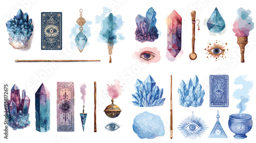 Mystical watercolor illustrations of crystals, eyes, incense, and tarot elements in dreamy hues, perfect for bohemian, spiritual, or magical design themes.

