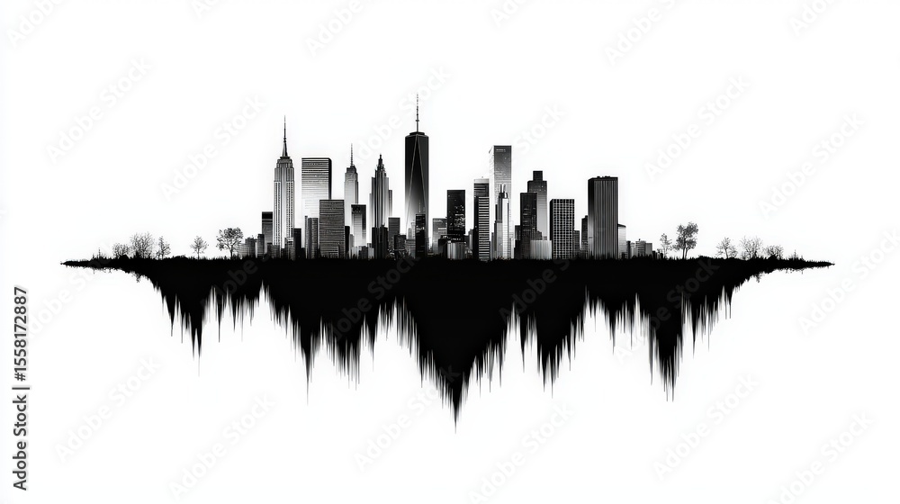 Fototapeta premium Urban skyline in silhouette rising from a desert landscape with cliffs and minimal vegetation, all in black and white, isolated on white