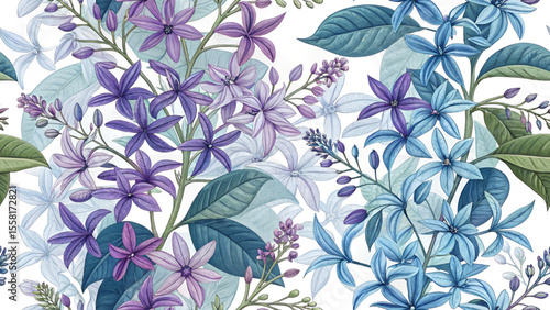 Vector illustration seamless pattern of bright purple and blue Petrea volibilis flowers blooming for printing on fabric or wallpaper.