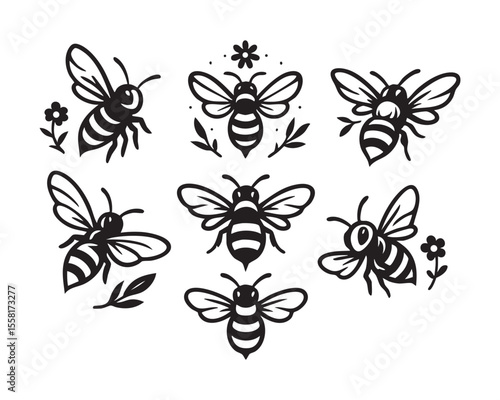 Vector Bee and Flower Icon Set in Cute Hand Drawn Style