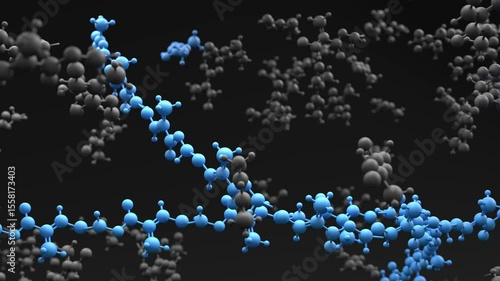 Polymerization molecular chain growth 3D animation can be used in plastics manufacturing, organic chemistry and macromolecules education tutorials