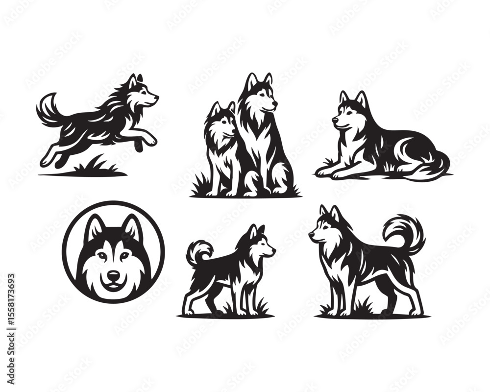 Fototapeta premium Vector Husky Dog Mascot Icon Set in Vintage Monochrome Style
