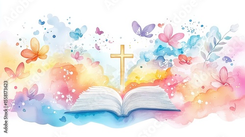 Watercolor Bible with a golden cross resting on a rainbow path, with gentle light rising from its pages into surreal skies filled with symbols of peace