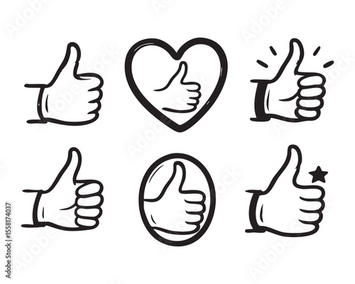 Thumb Up Hand Gesture Vector Icon Set with Heart and Star Elements