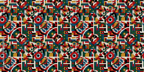 Seamless pattern based on South African traditional art, blending vibrant Ndebele house painting motifs, Zulu beadwork patterns, and Xhosa geometric forms in bold, bright, multicolor compositions