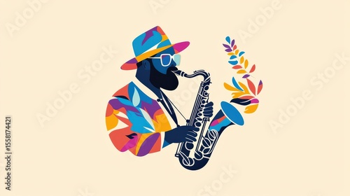 Whimsical jazz musician icon in vivid colors, playing saxophone, minimalist style on a clean light orange background, joyful and lively festival vibe