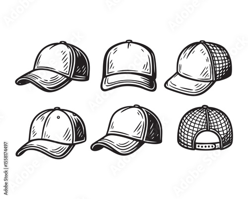 Vector Baseball Cap Icon Set in Hand Drawn Monochrome Style
