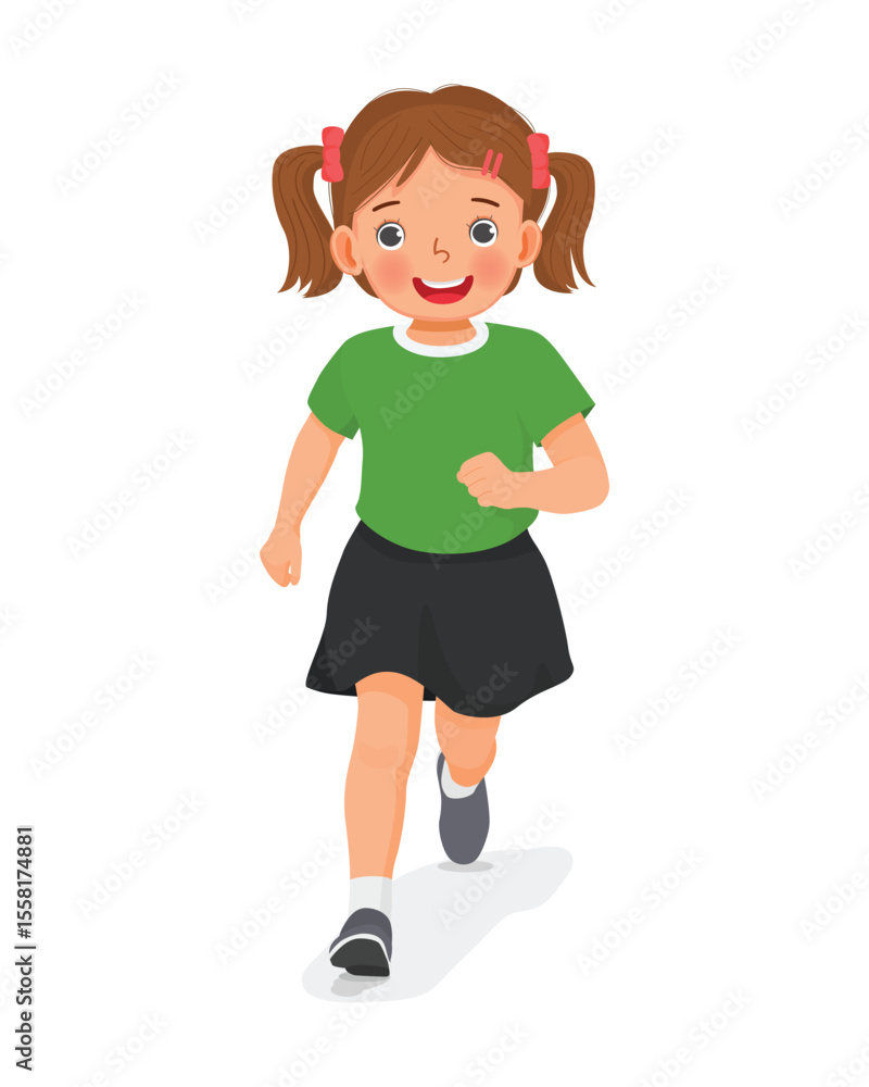 Little girl running jogging on the road front view Little girl running jogging on the road front view