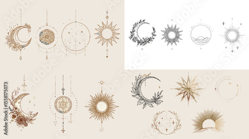 Bohemian celestial illustrations of sun, moon, and stars in minimal earthy tones, perfect for wall art, tarot design, and spiritual branding.

