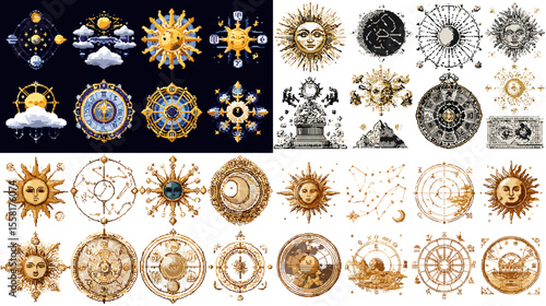 Vintage celestial and astrology illustrations of sun, moon, constellations, and zodiac signs in ornate style, ideal for mystical or spiritual design themes.

