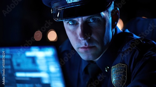 A police officer analyzing cyber crime evidence on a digital screen