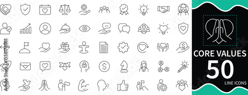  Core Values Line Icon Set 50 Integrity, Innovation, Teamwork, Leadership, Respect & Business Ethics Icons.