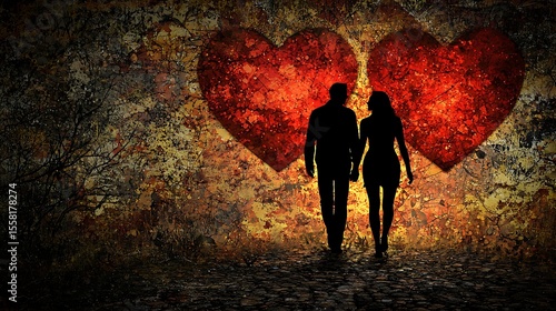 Romantic Silhouette of Couple Walking Towards Symbolic Hearts on Colorful Grunge Background