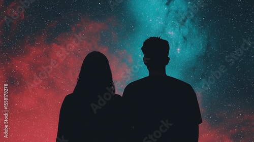 Silhouetted Couple Gazing at Starry Night Sky with Vibrant Cosmic Colors and Nebulae