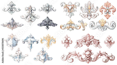 Elegant watercolor baroque decorative elements with vintage floral motifs, perfect for invitations, frames, and luxury classical design projects.

