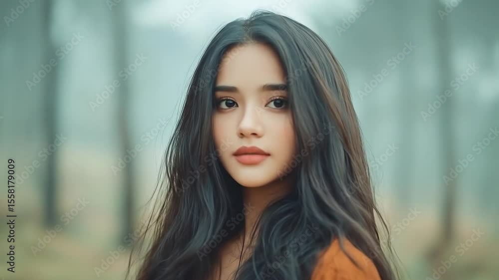 Woman in an orange sweater, forest backdrop Woman in an orange sweater, forest backdrop