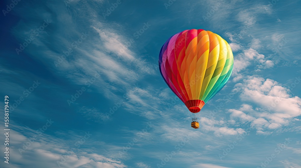 Obraz premium Rainbow Ride Hot Air Balloon soaring against a Blue Sky.